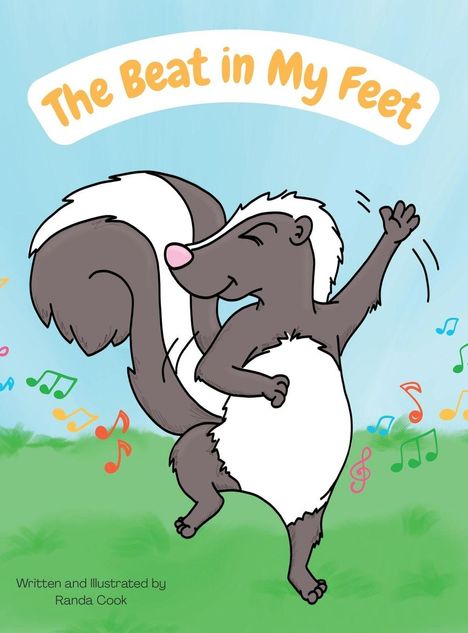 "The Beat in My Feet." Illustration eines fröhlich tanzenden Stinktiers mit bunten Musiknoten.