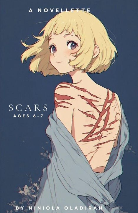 Text: "A Noveltte", "Scars Ages 6-7", "By Niniola Oladiran". Illustration eines Mädchens mit blonden Haaren und Narben auf dem Rücken.