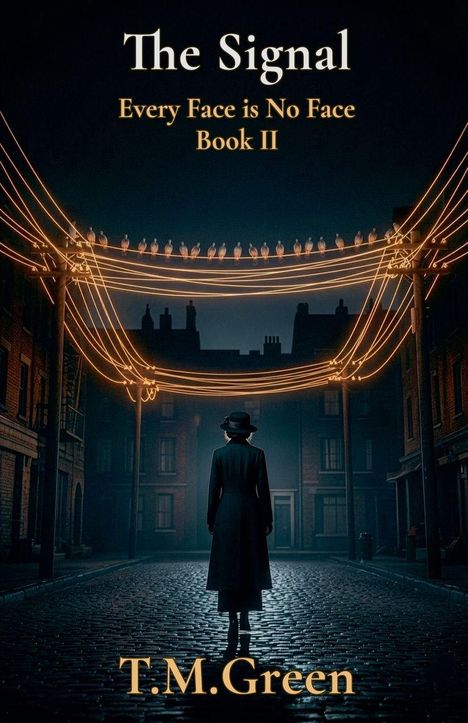 "The Signal. Every Face is No Face. Book II. T.M. Green." Eine Person in dunklem Mantel steht nachts unter leuchtenden Kabeln im Nebel.