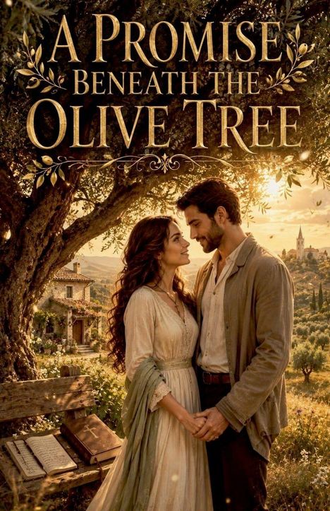 „A Promise Beneath the Olive Tree“. Ein Paar steht liebevoll unter einem Olivenbaum, umgeben von idyllischer Landschaft.