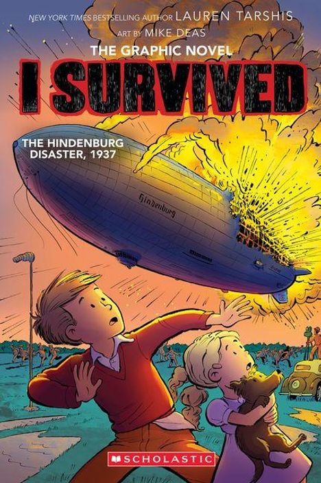 Titel: "I Survived". Zwei Kinder schauen entsetzt auf ein brennendes Luftschiff am Himmel, "Hindenburg" ist darauf erkennbar.