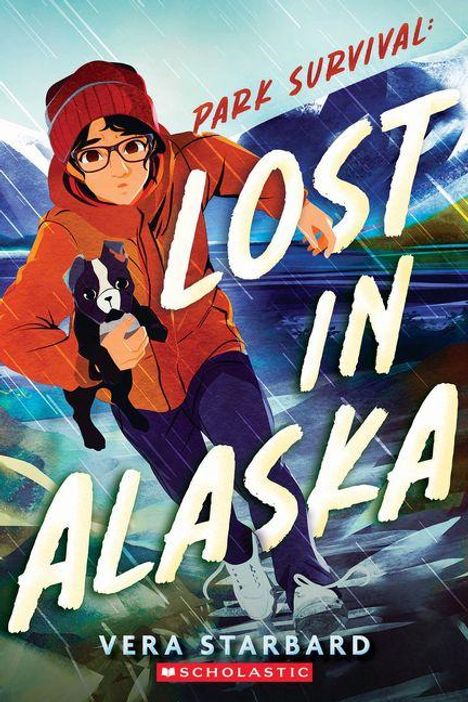 „Park Survival: Lost in Alaska“ von Vera Starbard, Scholastic. Illustration eines Jungen mit Hund, Schneelandschaft.