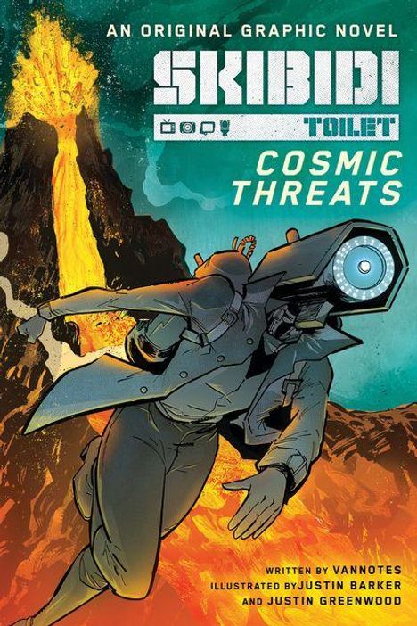 "AN ORIGINAL GRAPHIC NOVEL, SKIBIDI TOILET, COSMIC THREATS" zeigt einen kämpfenden Cyborg-Menschen vor einem Vulkanausbruch.