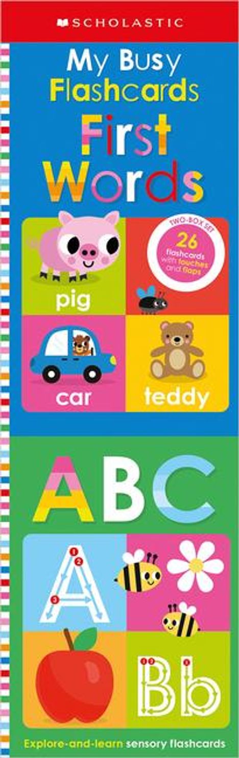"My Busy Flashcards First Words" oben, farbenfrohe Bilder, darunter Wörter wie "pig", "car", "teddy".