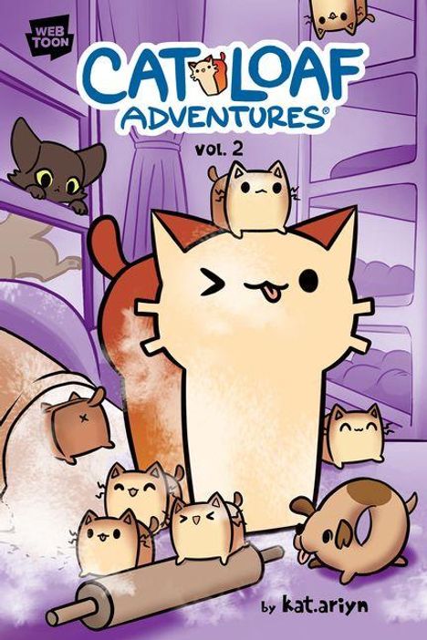 Text: "CAT LOAF ADVENTURES vol. 2" und "by kat.ariyn". Illustration von niedlichen, brotähnlichen Katzen in einer Küche.