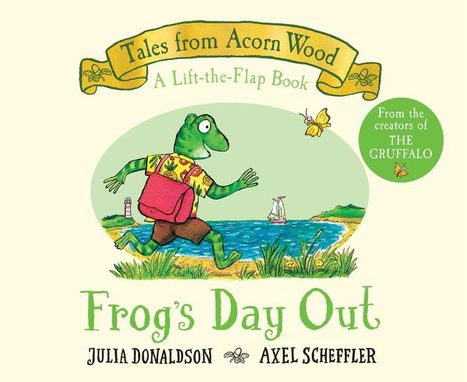 „Tales from Acorn Wood“, „A Lift-the-Flap Book“, „Frog’s Day Out“. Ein Frosch mit Rucksack und einem Schmetterling.