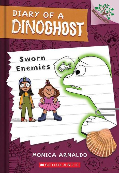 „Diary of a Dinoghost“, „Sworn Enemies“. Illustration mit zwei Kindern und einem grün-weißen Geisterdino. Unten Muschel.