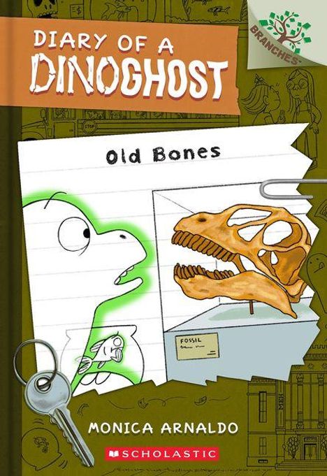 „Diary of a Dinoghost: Old Bones“. Zeichnung eines Dinosaurier-Geistes vor einem Skelett. Schlüsselanhänger links.