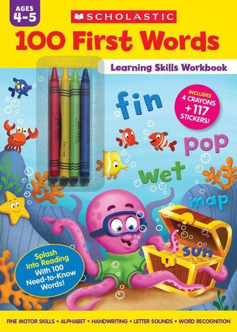 "Ages 4-5, 100 First Words, Learning Skills Workbook. 'fin', 'pop', 'wet', 'map', 'sun'. Oktopus mit Schatztruhe, Fische."
