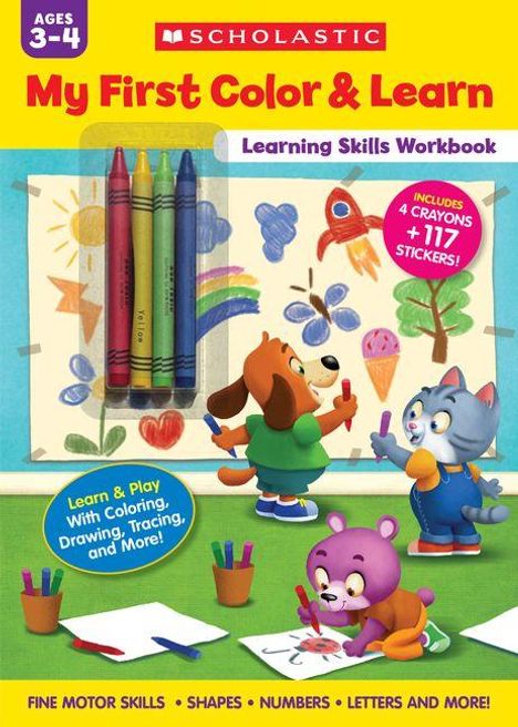 Ein Arbeitsbuchcover für Kinder: "My First Color & Learn" mit Zeichnungen von Tieren, Buntstiften und Text zu Lernaktivitäten.