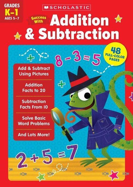 Text oben: "Addition & Subtraction". Darunter ein gezeichneter Chamäleon-Detektiv mit Hut und Lupe. Bunte Zahlen und Formen.