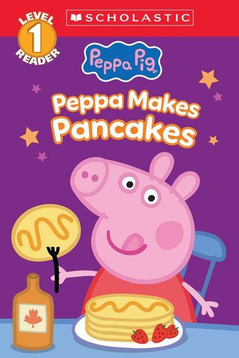 "Level 1 Reader" und "Peppa Makes Pancakes" sind neben Peppa Pig abgebildet, die Pancakes und Sirup hält.