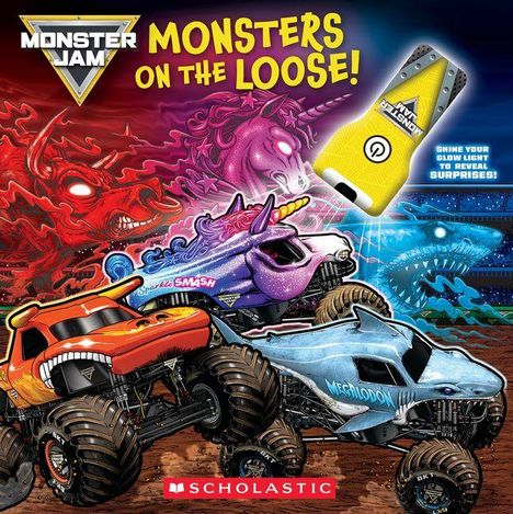 "Monsters on the Loose!" Illustration mit bunten Monstertrucks und einem Licht im Hintergrund.