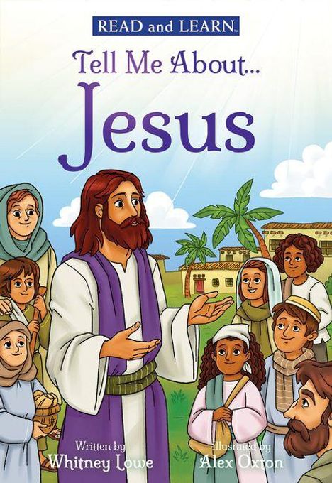 Text: "READ and LEARN. Tell Me About... Jesus." Illustration: Jesus spricht zu einer Gruppe von Menschen.