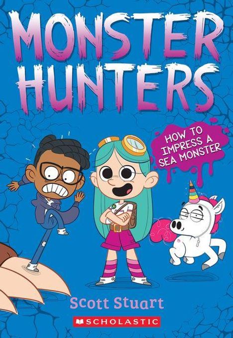 "Monster Hunters" und "How to Impress a Sea Monster". Zwei Kinder und ein Einhorn mit Regenbogen-Mähne, Cartoon-Stil.
