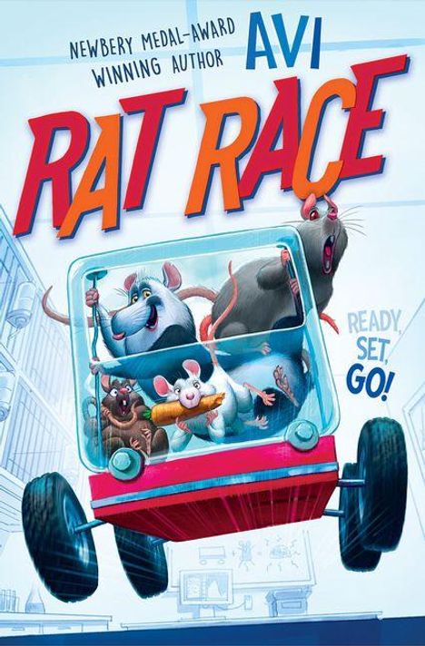 Text: "Newbery Medal-Award Winning Author Avi" und "RAT RACE". Illustration von Ratten in einem springenden Fahrzeug.