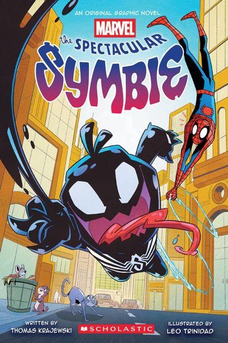 "The Spectacular Symbi" ist der Titel einer Marvel-Illustration mit einem schwarzen Wesen und einem roten, maskierten Helden in der Stadt.