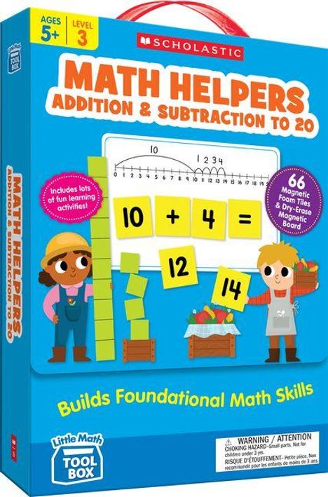 "Math Helpers: Addition & Subtraction to 20" für 5+ Jahre, Level 3. Illustrationen von Kindern und mathematischen Symbolen.