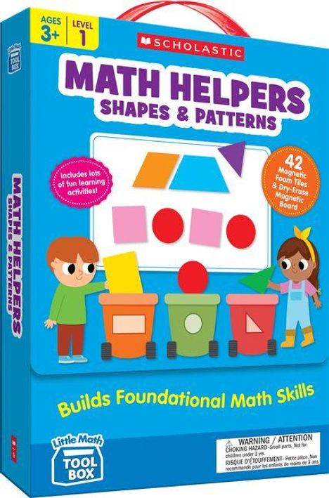 Text: "Math Helpers Shapes & Patterns", "Builds Foundational Math Skills", "Ages 3+", "Level 1". Illustration von Kindern mit Formen.