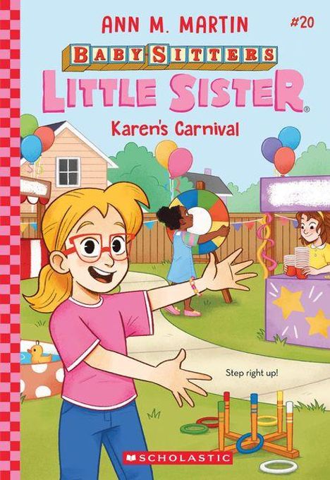 Oben: "Ann M. Martin", "#20", "Karen's Carnival". Kind mit Brille, freudig winkend auf einem bunten Jahrmarkt mit Luftballons.