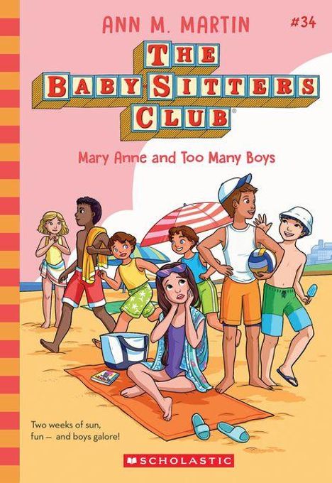 Der Text "The Baby-Sitters Club: Mary Anne and Too Many Boys" ist oben; darunter sehen wir Kinder in Badekleidung am Strand.