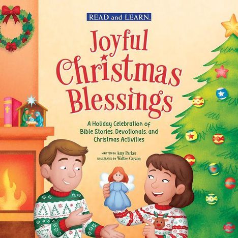 "Joyful Christmas Blessings" - Zwei Kinder in Weihnachtspullovern, ein Weihnachtsbaum, Kamin und Krippe sind abgebildet.