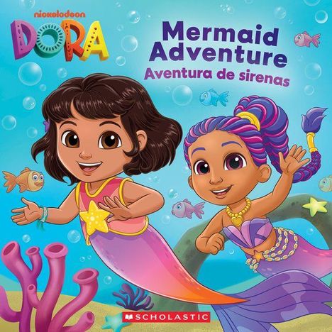 Text: "Mermaid Adventure, Aventura de sirenas". Zwei fröhliche Meerjungfrauen, umgeben von Fischen und Korallen.