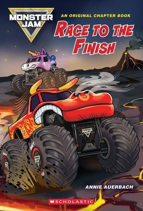 Text: "Monster Jam: Race to the Finish," "Annie Auerbach." Zwei Monstertrucks rasen vor einem Vulkan.