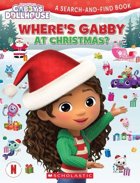 Text: "WHERE'S GABBY AT CHRISTMAS?" Illustration: Mädchen in Weihnachtsstimmung, umgeben von Geschenken und Figuren.