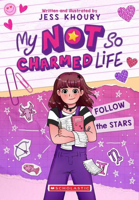"Written and illustrated by Jess Khoury. My Not So Charmed Life. Follow the Stars. Mädchen mit Büchern, umgeben von Sternen."