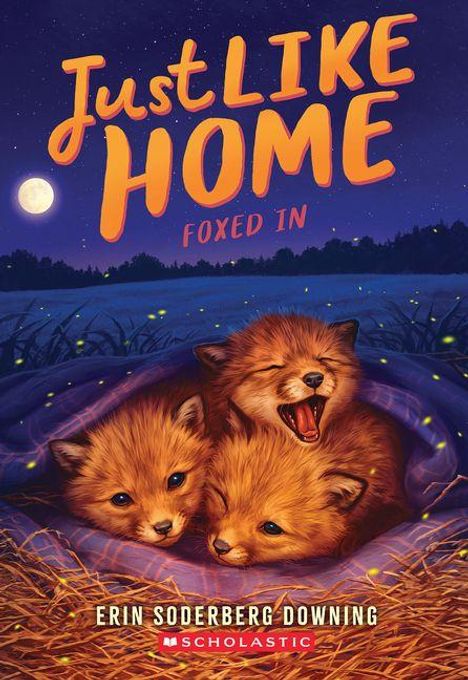 Texte: "Just Like Home", "Foxed In", "Erin Soderberg Downing". Drei Fuchskinder liegen unter einem Nachthimmel auf einer Decke.