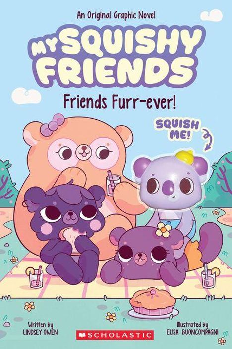 "An Original Graphic Novel: My Squishy Friends, Friends Furr-ever! Niedliche, bunte Cartoon-Tiere auf einer Wiese."