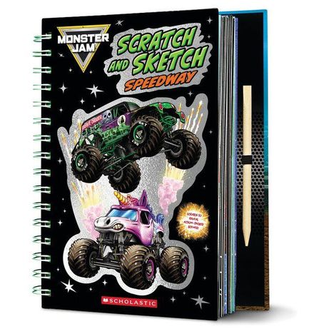 Text: "Monster Jam", "Scratch and Sketch Speedway", "Scratch to reveal 20 action-packed drawings", "Scholastic". 
Cover eines Spiralbuchs mit Monstertrucks.