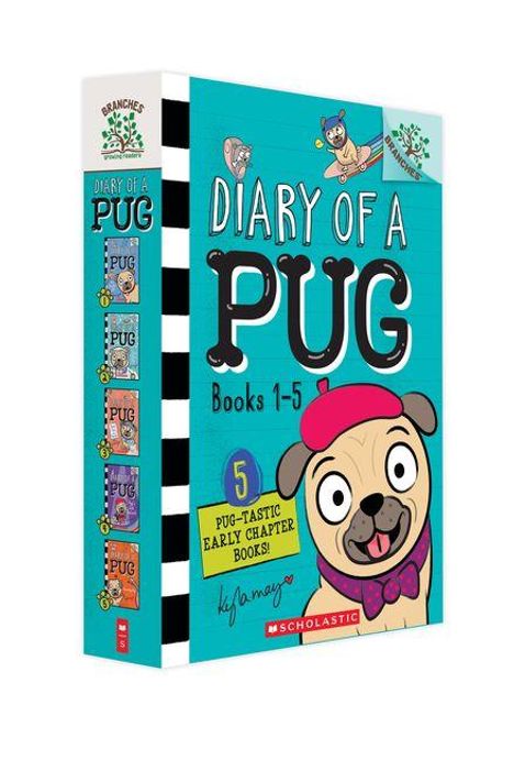 "DIARY OF A PUG, Books 1-5. Illustration eines fröhlichen Mops-Hundes mit rotem Hut und Fliege. Enthält 5 Bücher."