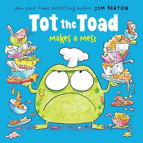 Titel: "Tot the Toad makes a mess". Illustration: Ein genervter Frosch im Kochhut balanciert schmutziges Geschirr.