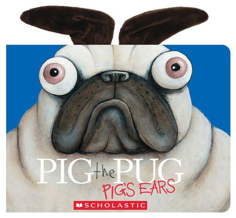 „PIG the PUG, PIG’S EARS“, Illustration eines Mopses mit großen Augen und flauschigen Ohren auf blauem Hintergrund.
