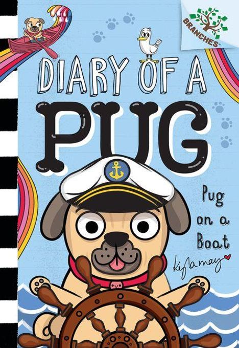 "DIARY OF A PUG: Pug on a Boat" steht oben. Ein fröhlicher Mops trägt eine Kapitänsmütze und steuert ein Schiff.