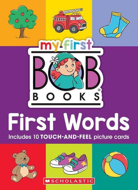 "my first BOB BOOKS First Words" und "Includes 10 TOUCH-AND-FEEL picture cards". Illustrationen von Baumm, Feuerwehrauto, Socken.
