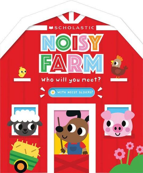 "Noisy Farm: Who will you meet? With noisy sliders." Ein rotes Scheunenmotiv mit zeichnerischen Tieren: Küken, Schaf, Hund, Huhn, Schwein.