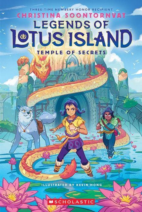 "Legends of Lotus Island: Temple of Secrets." Zwei Figuren mit einem goldenen Drachen in einer fantasievollen Umgebung.