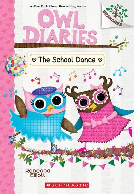 "OWL DIARIES: The School Dance" steht oben. Zwei bunte, fröhliche Eulen in Tanzkleidung; Musiknoten und Girlanden schmücken die Szene.