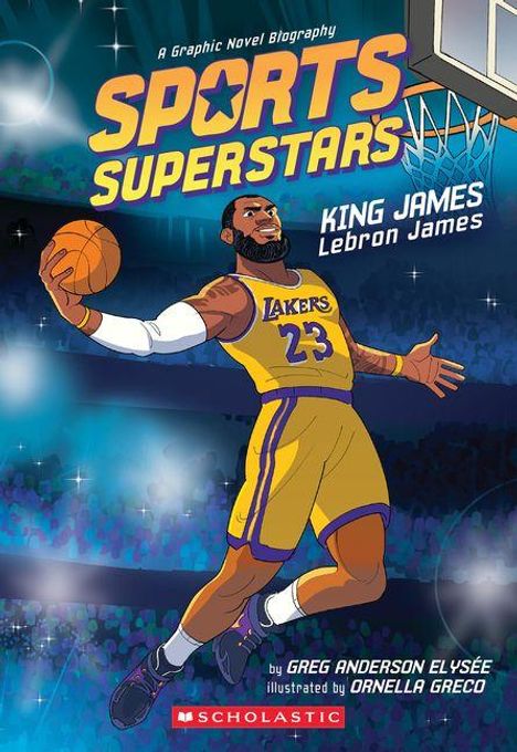 "SPORTS SUPERSTARS. KING JAMES LeBron James. L.A. Lakers-Spieler springt zum Korb. Illustration mit Basketball-Thema."