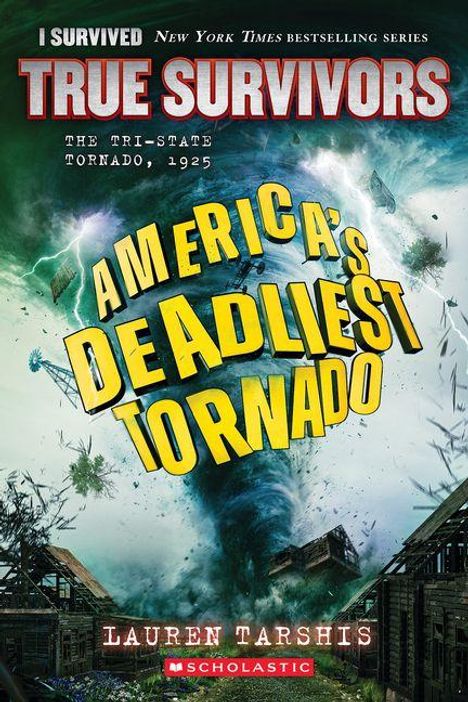 TRUE SURVIVORS, AMERICA'S DEADLIEST TORNADO. Illustration eines Wirbelsturms, zerstörte Häuser im Vordergrund.