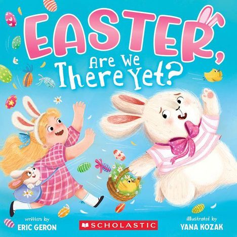 Text: "Easter, Are We There Yet?" Ein Mädchen mit Hasenohren jagt mit einem großen, fröhlichen Hasen bunte Eier.