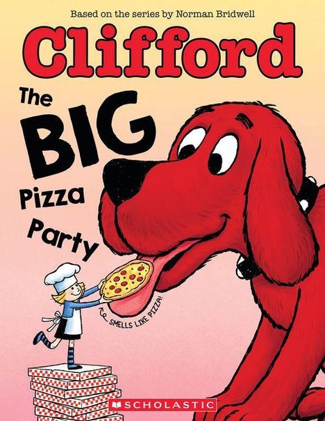 "Clifford The Big Pizza Party" steht auf einem Cover. Ein großer roter Hund hält eine Pizza, ein Koch steht daneben mit mehr Pizzen.