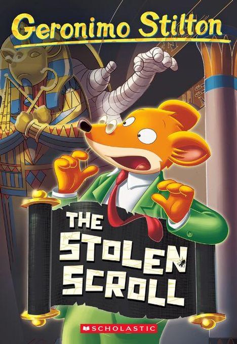 "THE STOLEN SCROLL", ein schreckhaft aussehender Mausfigur in Anzug vor ägyptischem Hintergrund.