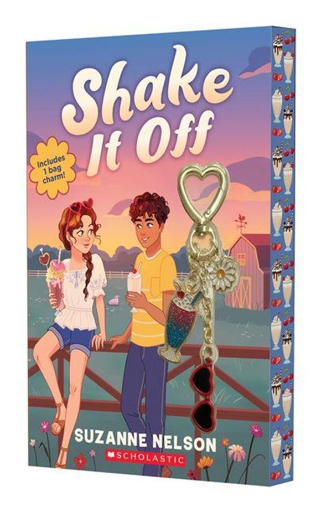 "Shake It Off" von Suzanne Nelson. Illustration: Zwei Jugendliche trinken Shakes, Hintergrund mit Himmel und Scheune. Enthält einen Anhänger.
