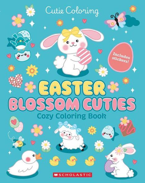 Texte: "Cutie Coloring", "Includes stickers!", "Easter Blossom Cuties", "Cozy Coloring Book". Illustration mit Hasen und Küken.