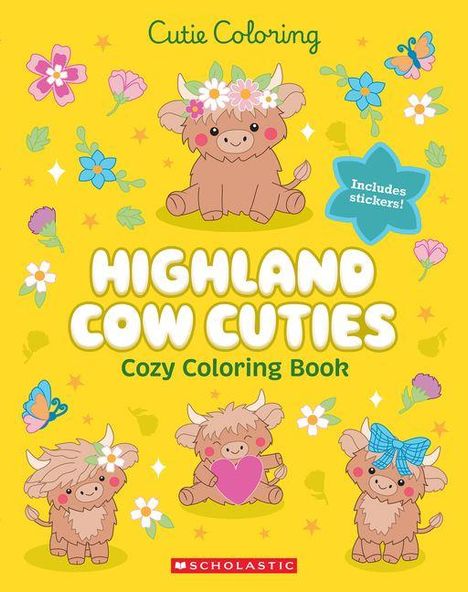 "Highland Cow Cuties: Cozy Coloring Book." Illustration von niedlichen Highland-Kühen mit Blumen und Herzen auf gelbem Hintergrund.