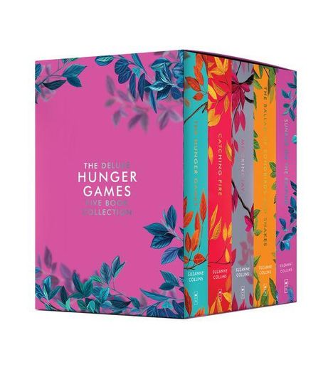"The Deluxe Hunger Games Five Book Collection" auf pinkem Hintergrund mit bunten Blattranken und fünf verschieden farbigen Büchern.
